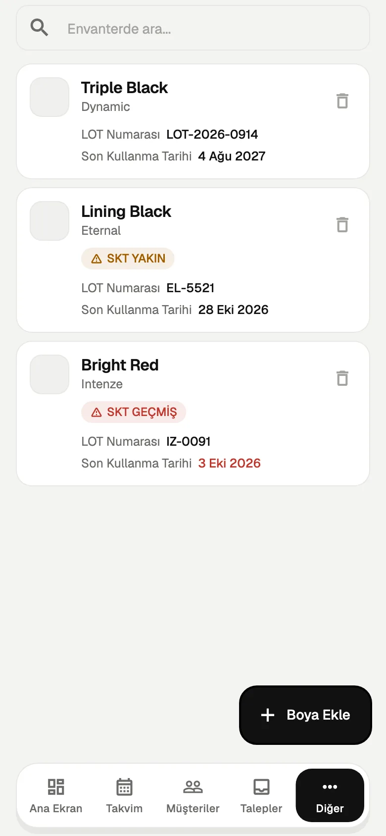 InkFlow Envanter ekranı: mürekkepler lot ve SKT bilgisiyle